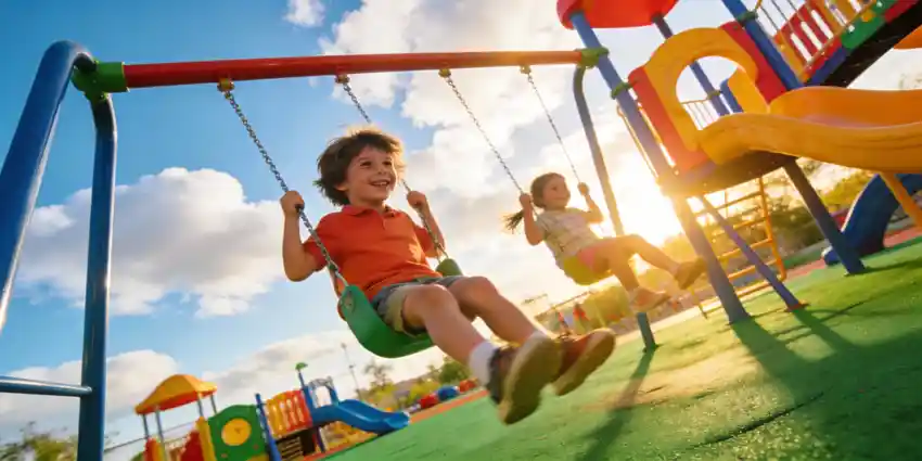 Children actively playing on safety-certified commercial playground structures with vibrant colors and inclusive design elements