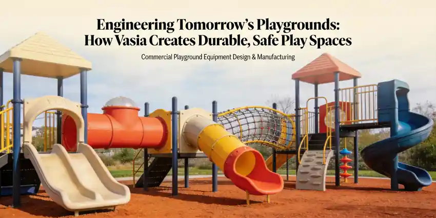 commercial playground with children playing on colorful, durable equipment meeting international safety standards under sunny skies