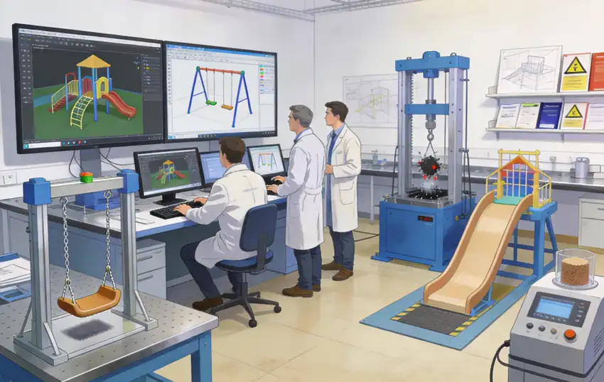 Engineers designing playground equipment in R&D lab with 3D modeling software and safety testing equipment