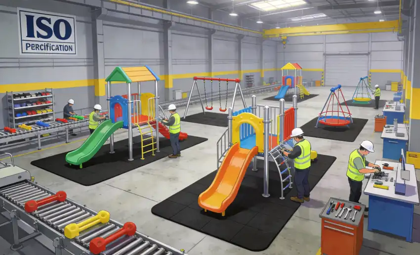 Modern playground equipment manufacturing facility with workers assembling colorful play structures in ISO certified factory setting
