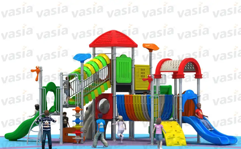 Colorful multi-activity outdoor daycare playground equipment with slides and climbing structures