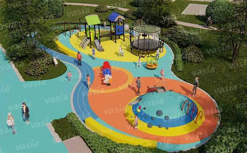 Outdoor community kids playground rendering, colorful rubber flooring with slide, trampoline, climbing equipment and rotating play facility, residential children amusement park surrounded by green plants