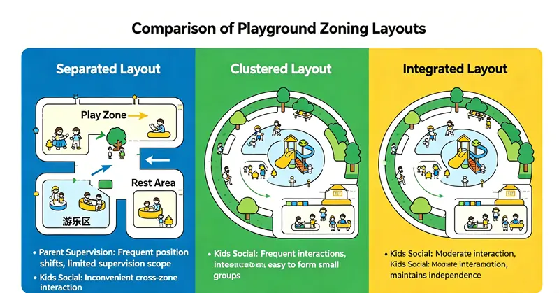 Comparison diagram of separated, clustered and integrated indoor playground zoning layout, introducing parent supervision difficulty and children social interaction differences for commercial soft play park design