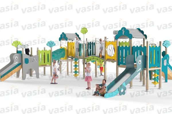 Full view of forest animal style eco wooden outdoor play structure fitted with elephant shaped slides, climbing ladders, activity panels and tunnel slide, durable playground equipment for kindergarten and public park children outdoor activities
