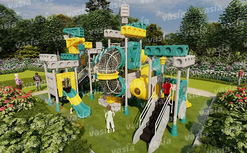 Architecture theme outdoor playground equipment, modular building block design combination slide with climbing net for school and community park