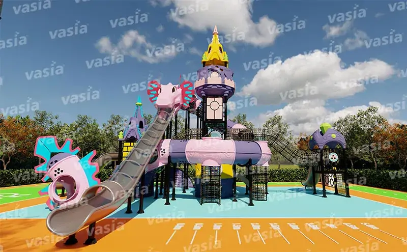 Commercial playground site assessment diagram covering area measurement, safety fall zone layout, slope terrain treatment and foundation drainage design per EN 1176 ASTM F1487