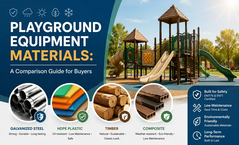 Playground equipment materials comparison infographic, galvanized steel, HDPE plastic, timber and composite overview