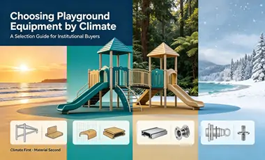 Choosing playground equipment by climate, commercial play structure visual showing different climate environments and material component diagrams for institutional buyers