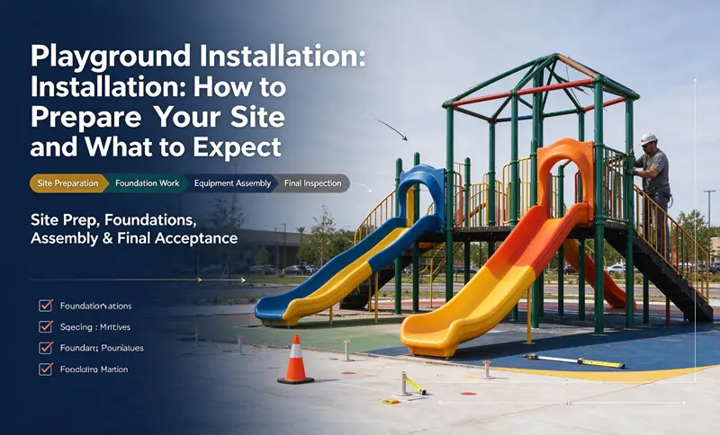 Commercial playground installation process, site grading, foundation anchoring, equipment assembly and safety inspection for project management