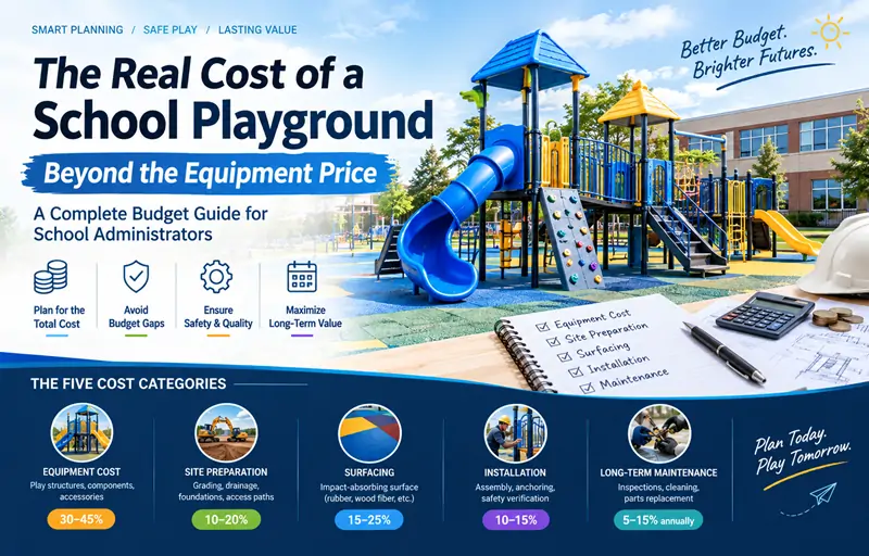 School playground cost planning covering equipment, site preparation, safety surfacing, installation and maintenance