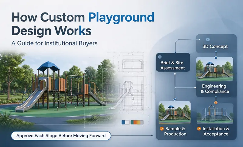Custom playground equipment design process, 3D concept, engineering compliance, sampling and installation stages