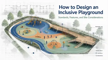 Accessible inclusive playground rendering with wheelchair-accessible routes, transfer platforms and sensory play panels for children of all abilities