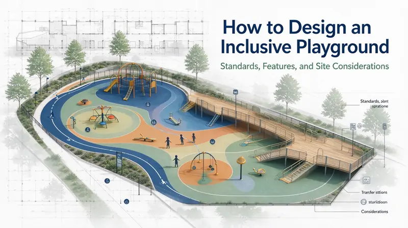 Modern playground layout with unitary rubber surfacing, ground-level sensory play components and wide wheelchair-accessible paths for inclusive play