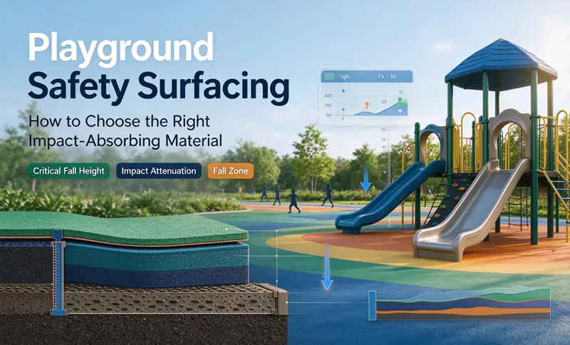 Playground safety surfacing guide covering critical fall height, impact attenuation, loose-fill vs unitary materials and fall zone requirements for commercial play areas