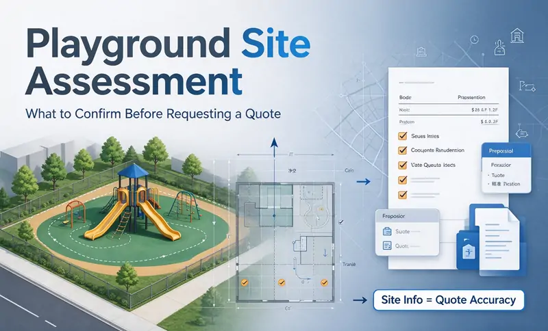 Outdoor playground site planning, dimensioned site layout, use zone clearance and supplier quotation requirements